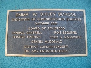 Plaque outside the office of the school honoring Emma W. Shuey.