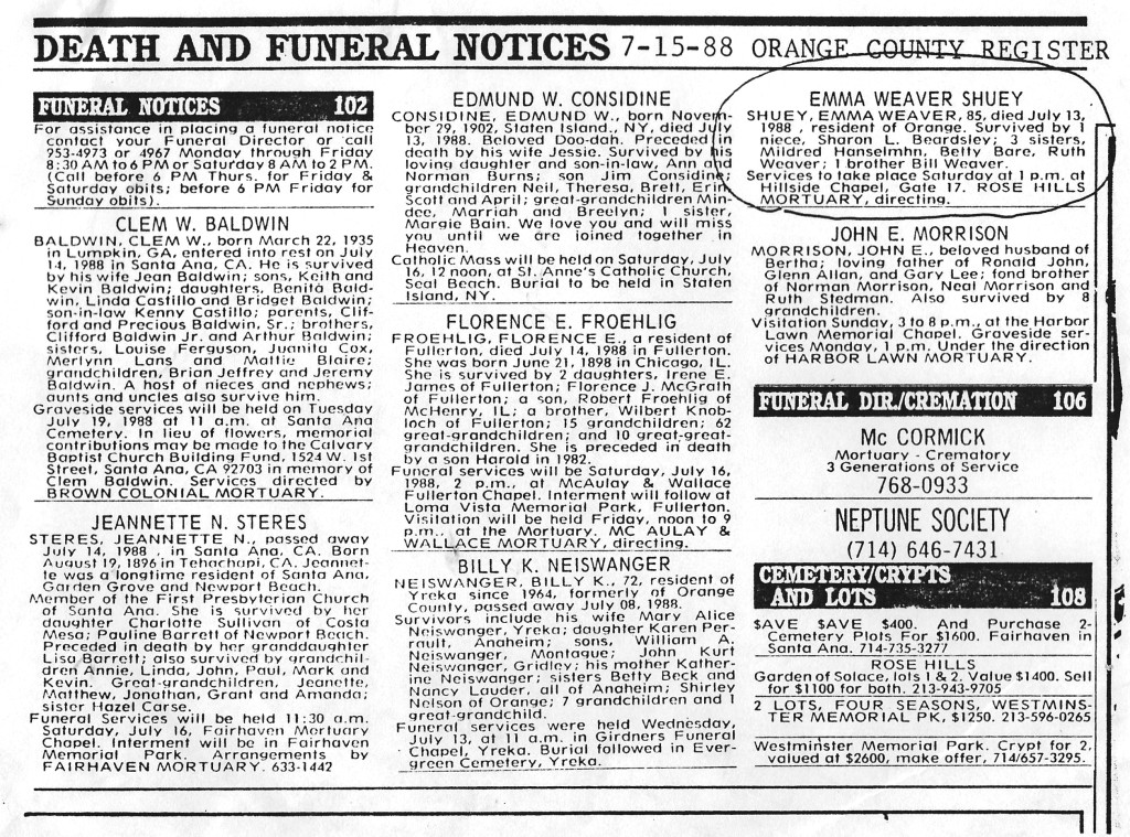 Emma Shuey Obituary July 15, 1988