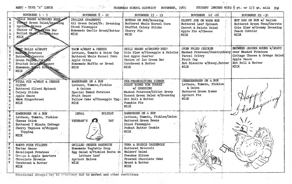 Wells Menu Nov. 1965