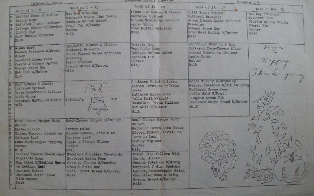 Wells School Lunch menu, November 2-30, 1964